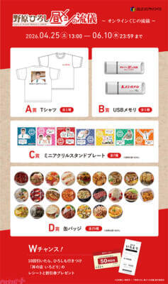 おかわりいかがでしょうか？ アニメ『野原ひろし 昼メシの流儀』の名シーンや料理がシュールなオリジナルグッズで登場するDLEオンラインくじが発売！