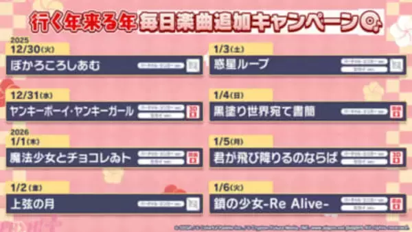 【プロセカ】『ぼかろころしあむ』『ヤンキーボーイ・ヤンキーガール』など8日間連続で楽曲が追加！ 『プロジェクトセカイ』行く年来る年毎日楽曲追加キャンペーンが開催