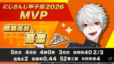 【にじ甲2026】麒麟高校・葛葉が4完投4勝3完封でMVP獲得！ 「にじさんじ甲子園2026」オールスターゲームは叢雲カゲツの逆転サヨナラ満塁ホームラン・勝利投手 舞元啓介の劇的すぎる結末に