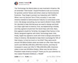 【やじうまPC Watch】トランプ大統領、「Apple-Intel米チップ製造合意」を主張。ただし両社は未発表