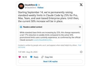 Claude Codeの週間上限、9月14日から25%増。現状比では17%減に