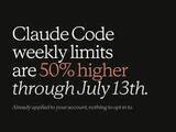 「Claude Codeの週次利用制限が50%増加、7月14日まで」の画像1