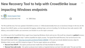 CrowdStrike障害、USBが使えないデバイス向けの対処法をMicrosoftが公開