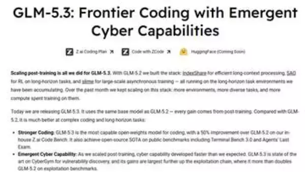Fable 5とも戦える「GLM-5.3」登場。事後学習の拡張のみで大幅性能アップ