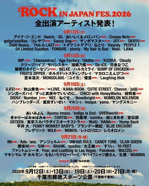 『ROCK IN JAPAN FESTIVAL 2026』全115組のアーティスト発表　バンプ、Number_i、UVERworldらの出演決定
