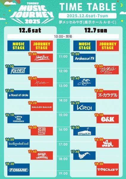 仙台の音楽イベント『TOHOKU MUSIC JOURNEY 2025』タイムテーブル発表　初日はFOMARE、2日目はマカロニえんぴつがトリを務める