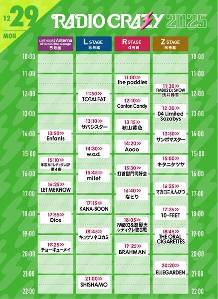 バンプ、サカナクション、Vaundy、エルレが各日の大トリ！FM802『RADIO CRAZY』 全日程のタイムテーブル発表