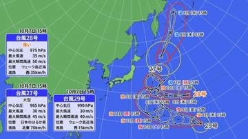 【トリプル台風】台風28号（ノロ）と台風29号（コグマ）　互いの進路に影響しあう「藤原の効果」の可能性　※雨と風のシミュレーション（気象庁）