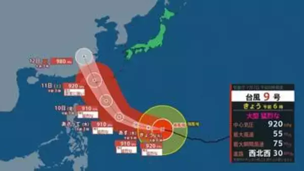 【台風情報】「大型で猛烈な」台風9号「バービー」最大瞬間風速80m/s まで発達へ　梅雨前線を刺激するか　気象庁　日本への影響・今後の進路は　台風情報　※7月17日までの雨・風シミュレーション【7日（火）午前7時半更新】