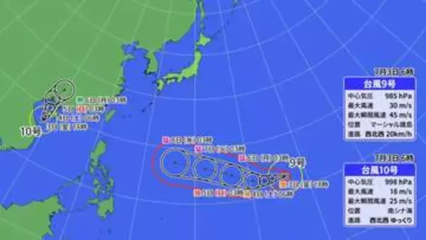 【2つの台風情報】9号「バービー」は6日（月）「猛烈な」勢力に　梅雨前線を刺激するか　10号「メイサーク」発生でダブルに　気象庁　日本への影響・今後の進路は　台風情報※7月14日までの雨・風シミュレーション【3日（金）午後5時更新】
