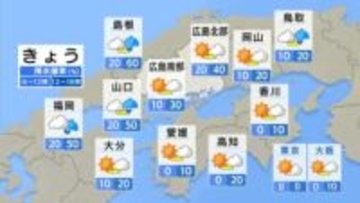 【きょう1/15(木)広島天気】次第に雲が多く　午後は大気の状態が非常に不安定　急な強い雨・落雷など注意