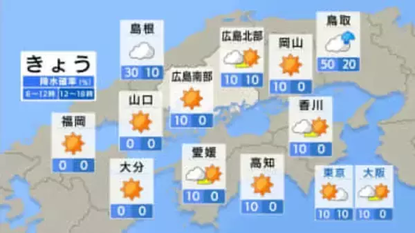 【きょう11/10(月)広島天気】西高東低の気圧配置に　天気は回復傾向　夜から冷え込みに注意