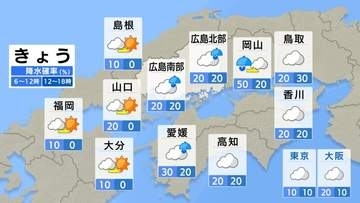 【きょう6/5(金)広島天気】すっきりしない一日に　日中は晴れ間あり　にわか雨地点も