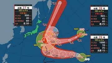 【トリプル台風情報】大型で強い「台風27号」日本の東を北へ　非常に強い「台風28号」10日ごろ日本の東へ　「台風29号」強い勢力に発達し9日～南鳥島近海へ　16日までの雨・風シミュレーション