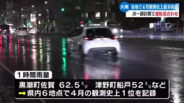 高知県内で激しい雨　黒潮町佐賀など1時間雨量が4月の観測史上で1位　交通機関に影響【高知】