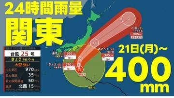 【台風情報】関東400mm・東海300mmの24時間雨量を予想　最大瞬間風速50m　厳重警戒を　台風25号　気象庁20日午前6時発表　最新