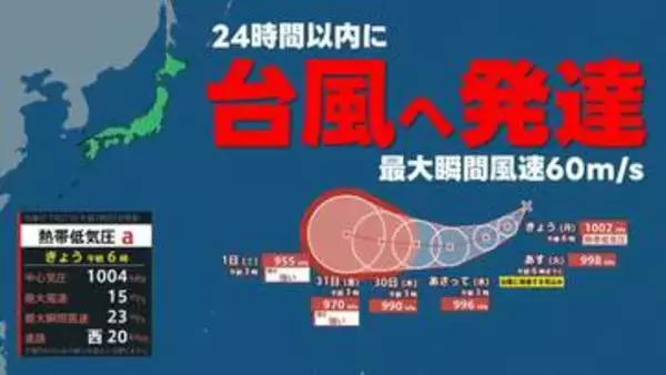 【台風情報】熱帯低気圧（台風のたまご）が24時間以内に台風へ発達する見込み　最大瞬間風速60m予想　気象庁27日(月) 午前7時5分発表　最新　いまどこ？進路は？