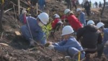 今治の大規模山林火災から1年、山林の復興願い 地元小学生が記念植樹