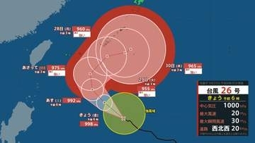【台風情報】最大瞬間風速60m/s予想「台風26号(スリゲ)」急カーブで本州に影響の可能性も…10月5日までの雨風シミュレーション【気象庁25日06時45分発表】