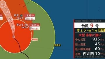 【台風情報】最大瞬間風速60m/s 大型で非常に強い「台風9号（バービー）」宮古島の南南東を時速10kmで通過中、中心気圧は935 hPaに...…日本への影響、進路は？7月20日（日）までの雨・風シミュレーションで確認　今後の気象情報に注意【気象庁10日午後0時45分更新】