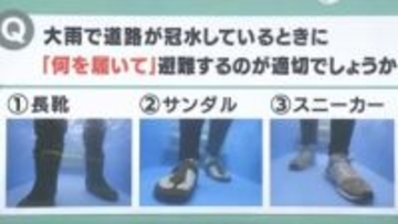 【防災クイズ】大雨で道路が冠水している時に何を履いて避難するのが正しいでしょうか。（1）長靴（2）サンダル（3）スニーカー