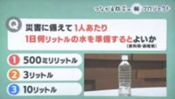 【防災クイズ】災害に備えて、飲料用と調理用だけで一人あたり1日何リットルの水を準備するとよいとされているでしょうか。（1）500ミリリットル（2）3リットル（3）10リットル