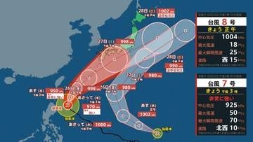 【ダブル台風発生】最大瞬間風速 70 m/s「台風7号」非常に強い勢力...週末日本列島横断のおそれ新たな「台風8号」の進路は？ 雨風シミュレーションを確認【気象庁23日午後3時45分発表】