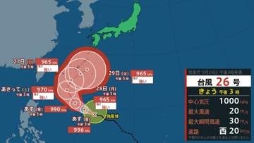 【台風情報】急カーブか？最大瞬間風速55m/s予想「台風26号(スリゲ)」…10月4日までの雨風シミュレーション【気象庁24日15時50分発表】