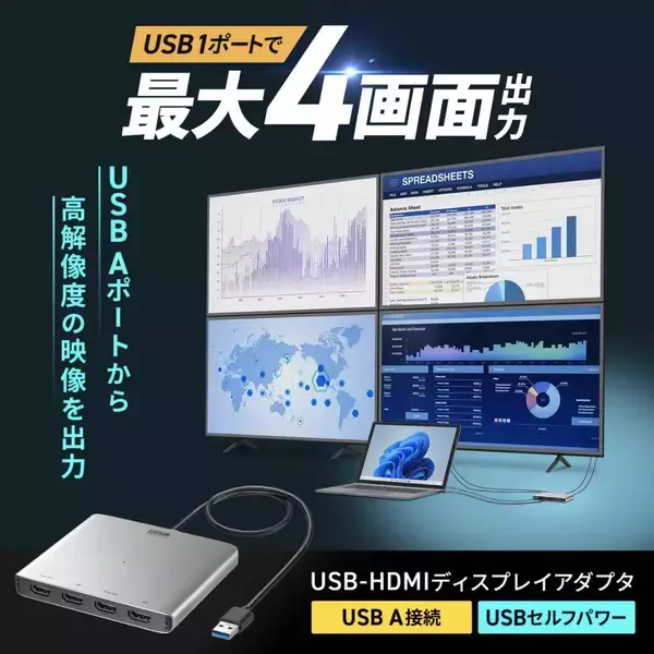 「USB Aポートから4台のディスプレイに映像出力できるHDMIディスプレイアダプタ「USB-CVU3HD7」発売」の画像