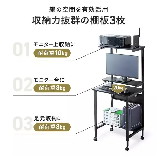 「サンワサプライから限られたスペースを有効活用できるパソコンラック「100-DESKF061BK ブラック」「100-DESKF061W ホワイト」が登場！」の画像