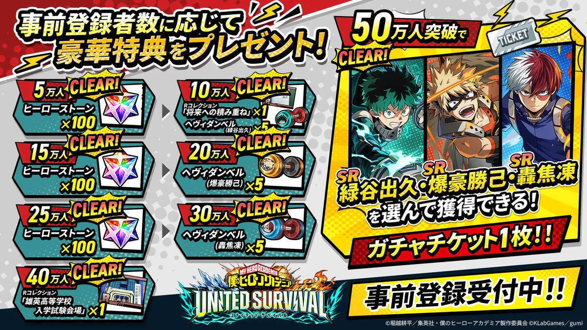 新作アプリゲーム「僕のヒーローアカデミア UNITED SURVIVAL」が8月6日にリリース決定！事前登録者数70万人を突破し追加報酬も