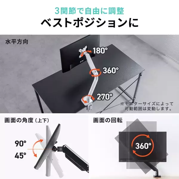 「サンワサプライから人気のクランプ固定ガス圧式モニターアームに新色ホワイトが登場！32インチ12kgまで対応！」の画像
