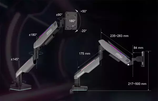 「MSIからRGBライティング機能・ガススプリング機構採用のモニターアーム「MPG MT201RG」が登場！最大49インチ・耐荷重20kgまで対応」の画像