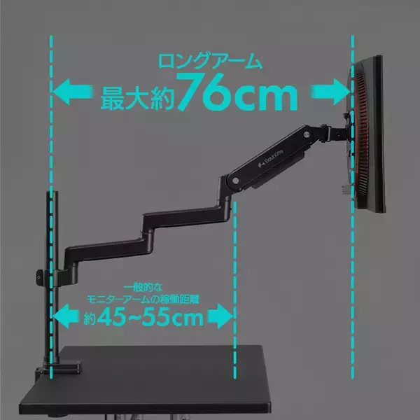 「バウヒュッテから3画面対応の「ロングモニターアームMS BMA-2MS」が発売！ゴロ寝でのマルチディスプレイ環境を構築できる」の画像