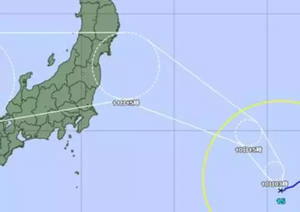 台風15号…埼玉で11日山の日に雨か、大型の台風接近、最大瞬間風速30メートルで移動中…予報円に埼玉が入った
