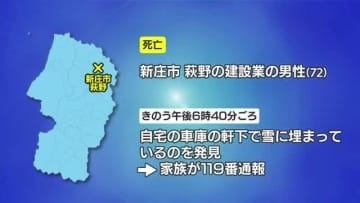 除雪中に屋根からの落雪に巻き込まれたか…新庄市で男性死亡　山形