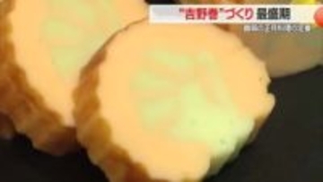 “福を呼ぶ緑色”を黄色で巻いたかまぼこ・正月料理の定番「吉野巻」づくり最盛期　山形・鶴岡市