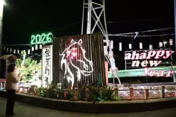 りりしい馬の竹アート　美作・林野高近くにお目見え