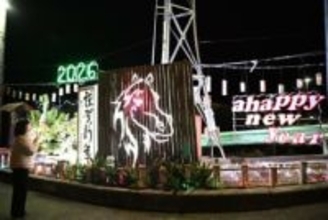 りりしい馬の竹アート　美作・林野高近くにお目見え