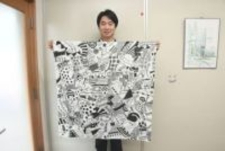 撥水加工の防災風呂敷開発　高梁の協力隊員小野さん