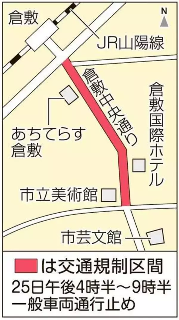 25日 　倉敷天領夏祭り　中央通り交通規制　 全面通行止め