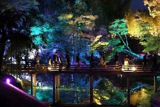 幽玄な光の演出　「幻想庭園」「烏城灯源郷」、会期5日まで