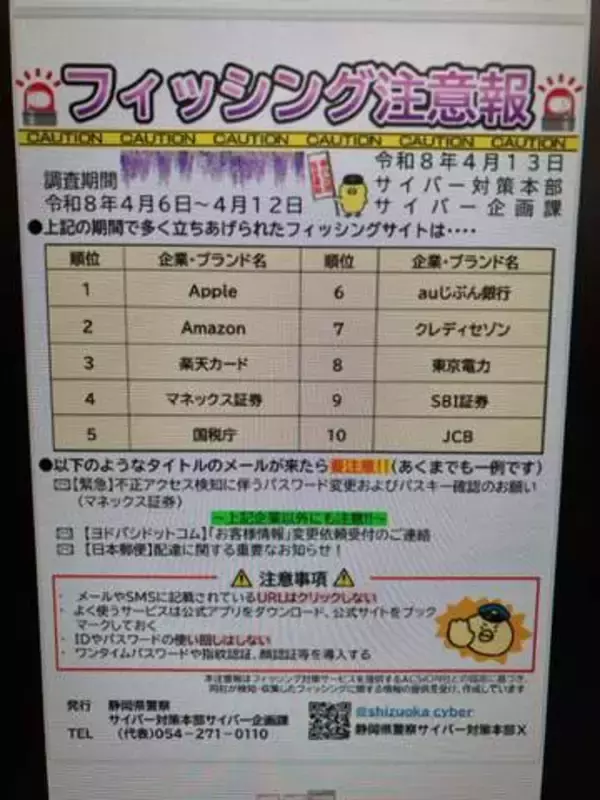 「【日本郵便】配達に関する重要なお知らせ」メールに注意を　フィッシングサイトに悪用された企業名を公表　静岡県警