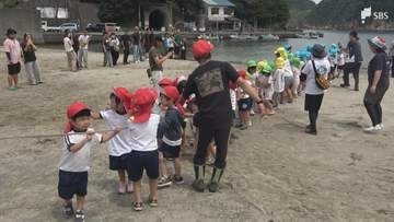 「体がちょっとすべすべだった」園児約80人が力いっぱい網を引っ張る 地引き網漁を体験し大歓声＝静岡・松崎町