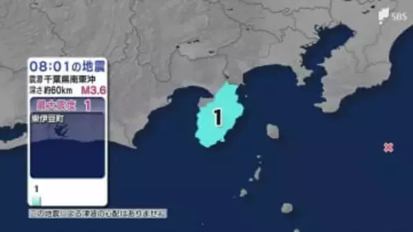 静岡県で最大震度1の地震 震源地は千葉県南東沖 東伊豆町で震度1（1月20日午前8時1分頃）