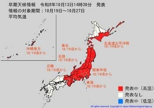 北海道太平洋側、関東甲信、東海、東北、北陸、近畿、沖縄地方で10月19日から全国で"10年に1度程度"の著しい高温の可能性 気象庁が発表【早期天候情報】