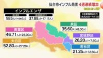 仙台市のインフル患者１.８倍に急増　４週連続増　太白区で５０人超