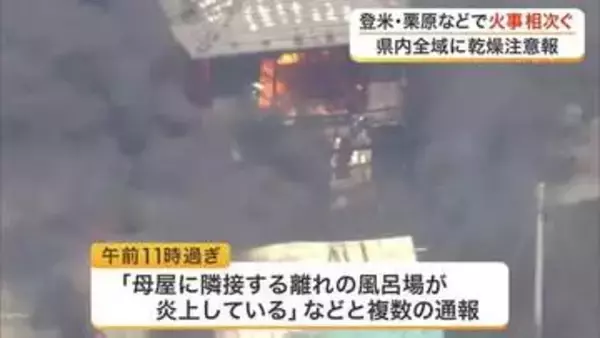 【宮城】県内全域に乾燥注意報　火事相次ぐ　住宅など４棟や豚舎３棟焼ける　１０００頭以上のブタ飼育か