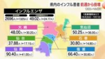 宮城県内のインフル患者数 前週から倍増の４９人超　全地域で警報レベル　Ｂ型による学級閉鎖も増加