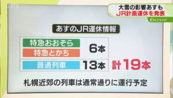 【JR】あすの運転計画発表　特急6本含む19本運休　札幌近郊は通常通りの予定　北海道